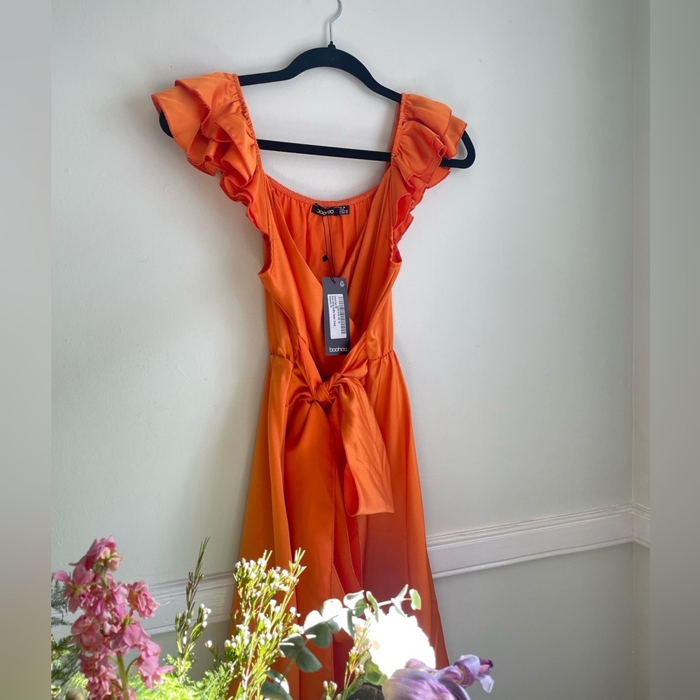 Boohoo Orange Size 6 Occasion Dress Flare Sleeves Shortsleeve skater ruffle - Picture 3 of 5
